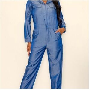 Rosevelvet Blue‎ Utility Jumpsuit Long Sleeve Zip Front Denim Look Small